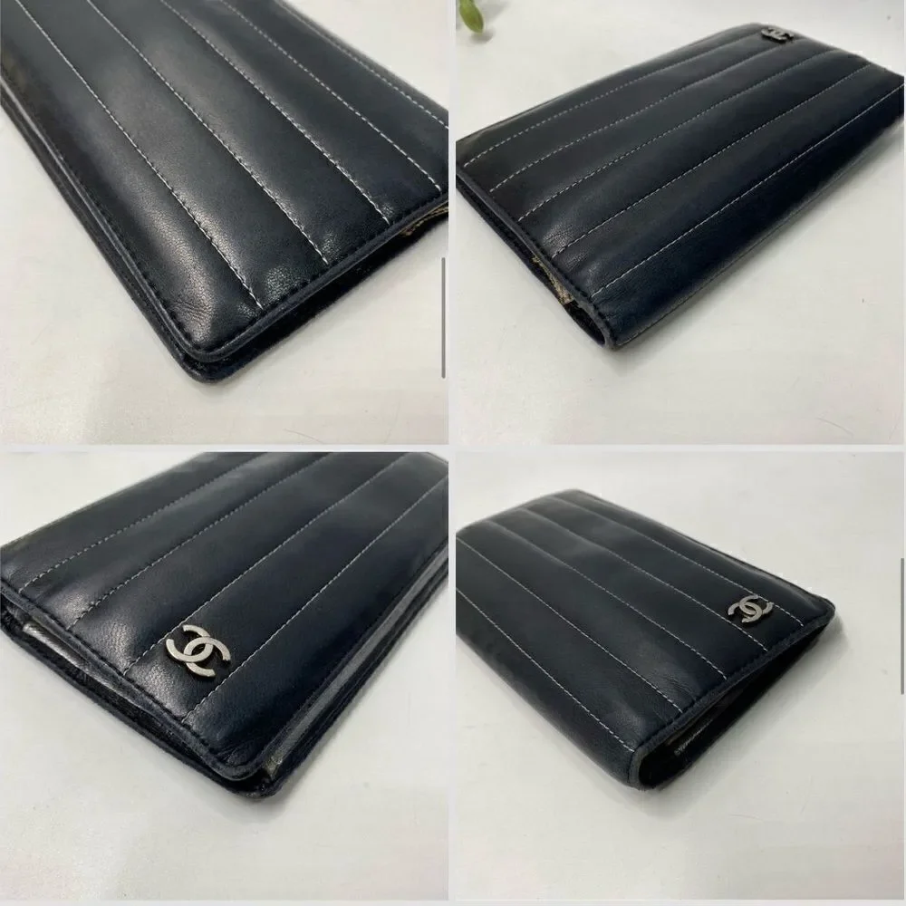 Authentic CHANEL Quilted Bifold Long Wallet Black